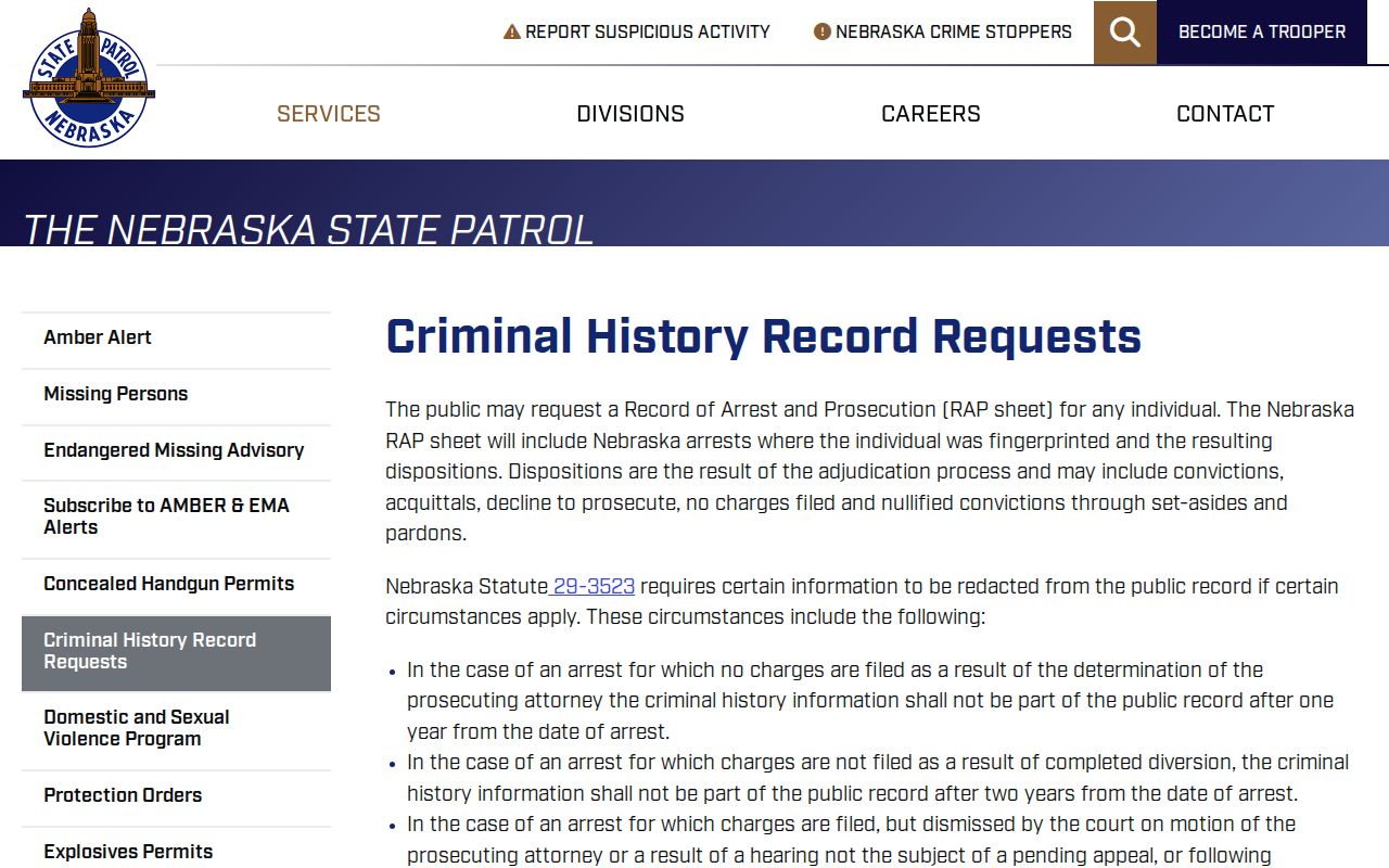 Cheyenne County criminal history request options from Nebraska State Patrol